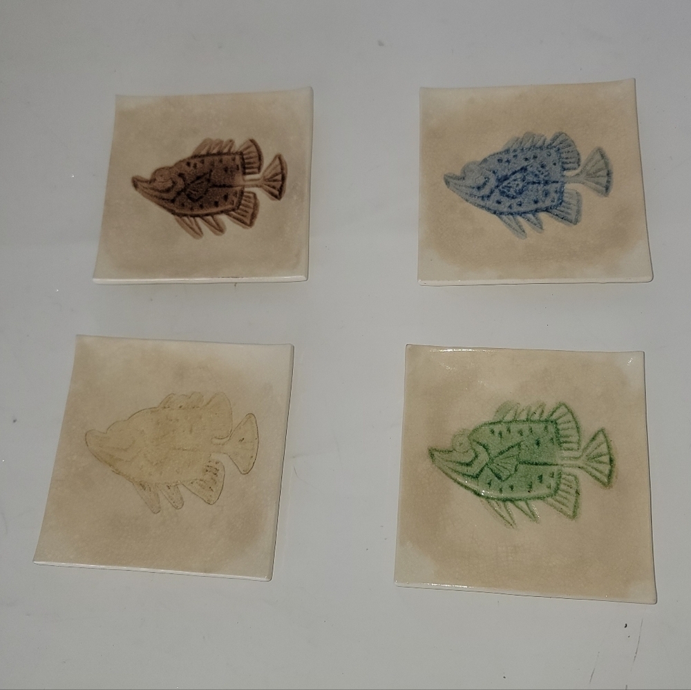 4 Art Pottery Ceramic FISH Plates Tapas Appetizer Glazed